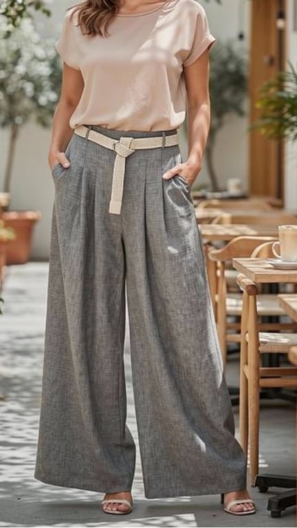 Kvinde iført lyserød T-shirt, grå vidde bukser med beige bælte og sandaler, stående udenfor ved et cafébord.