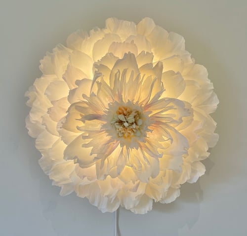 Lysende blomsterformet lampe med hvide, lagdelte kronblade mod en lys væg. (2)