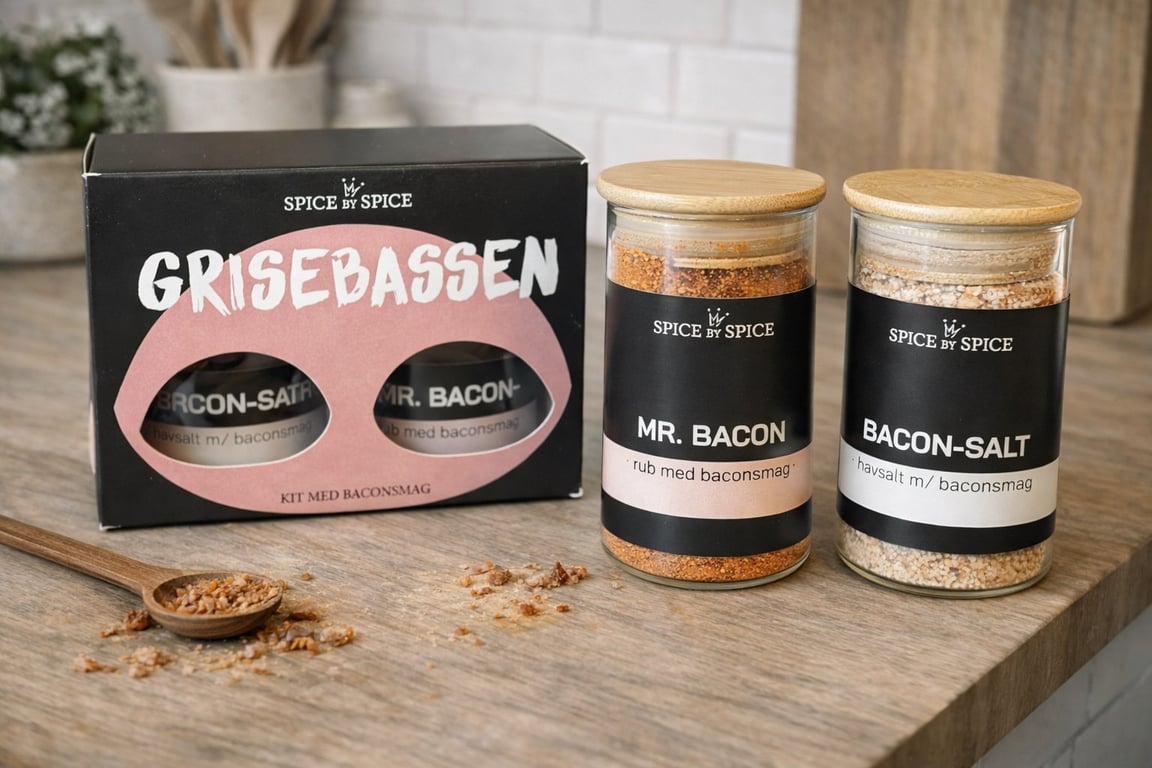 Billede af to krydderiglas med trælåg, mærket "Mr. Bacon" og "Bacon-Salt" med baconsmag, ved siden af en sort gaveæske med teksten "Grisebassen" og en træske med krydderier på et træbord.