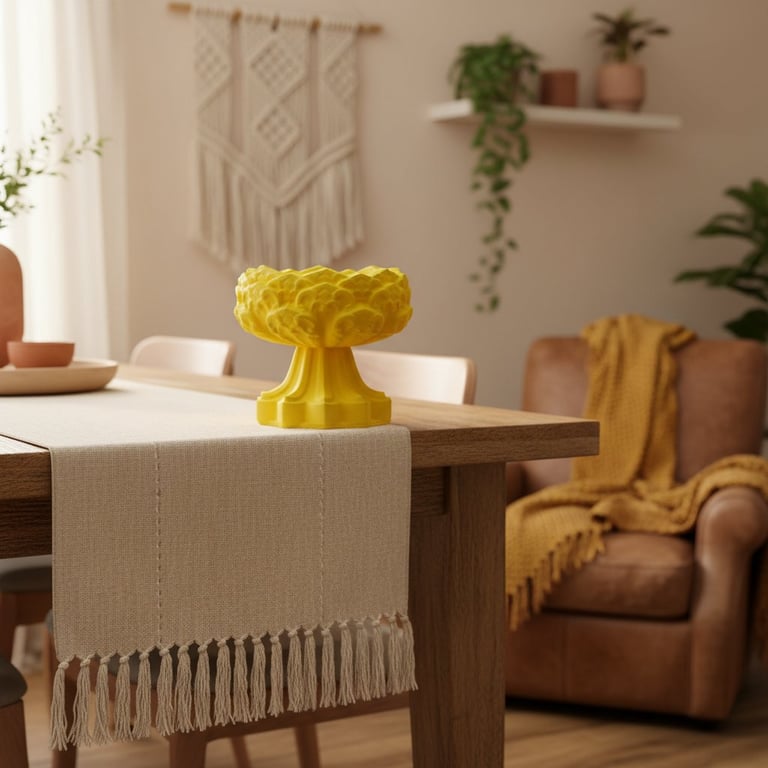 Lysebrunt træbord med beige bordløber og en gul skål, bagved læderlænestol med gul plaid, grønne planter og vægtæppe på væg.