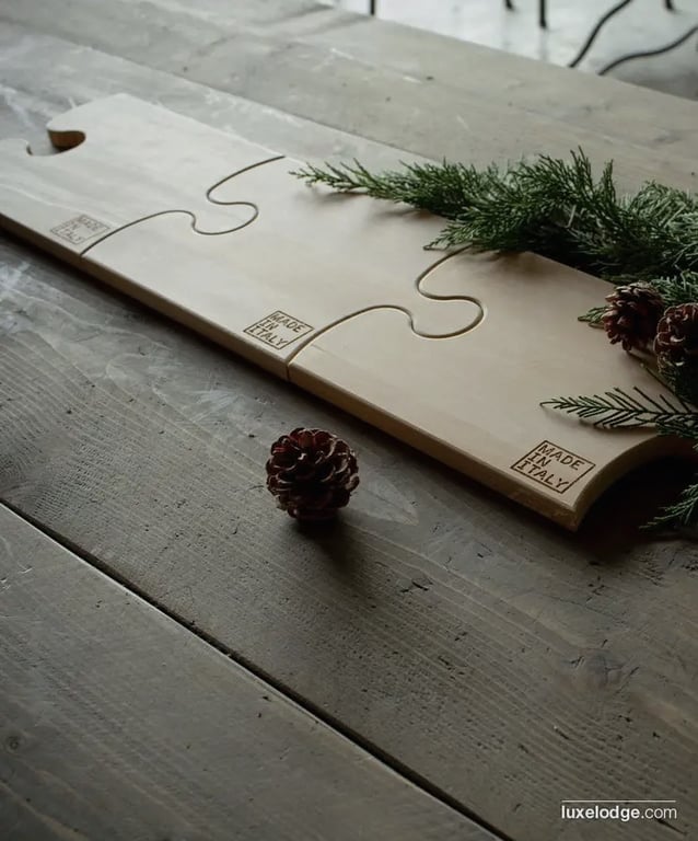 Tre sammenføjede træbrikker med puslespilsform, mærket "Made in Italy", pyntet med gran og kogler på et rustikt træbord. (2)