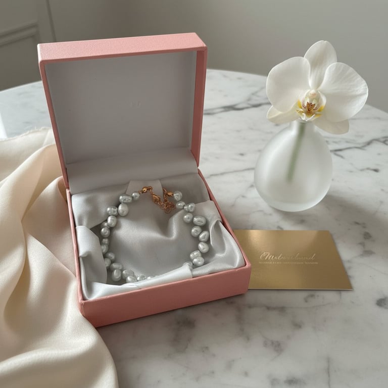 En perlearmbånd med uregelmæssige hvide perler og gyldent lås i en åben lyserød smykkeæske med hvidt foring, placeret på en marmorbordplade ved siden af en mat glasvase med en hvid orkidé og et gyldent visitkort.