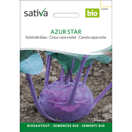 Billede af en plantepose til økologiske frø med navnet Azur Star, der viser en violet knudekål (kohlrabi) plantet i jord. (1)
