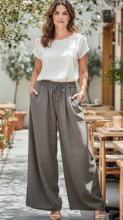 Kvinde iført hvid bluse og grå, vidde bukser stående i en udendørs café med træmøbler og grønne planter.