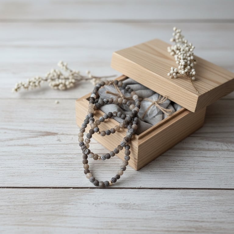 Trææske med låg delvist åbent, indeholdende grå og beige perlearmbånd, pyntet med en gren af små hvide bær.