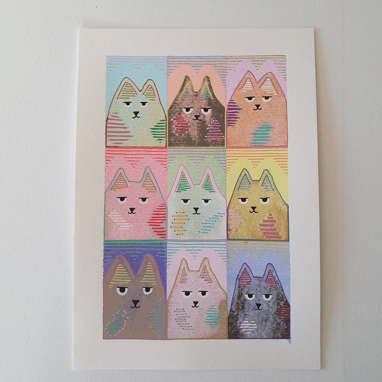 A4 Akrylmaleri med 9 katte