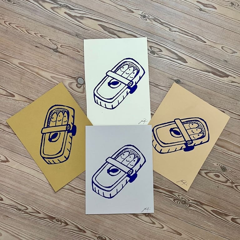 Sardiner i dåse – serigrafi i blå på tonet papir billede 4