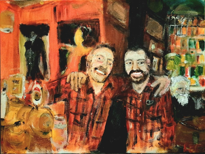 Tilfældig skjortematch hos to venner fra en aften på cafe intime på Frederiksberg, endte med at bytte skjorte med den ene, 30x40 akryl på maleriplade