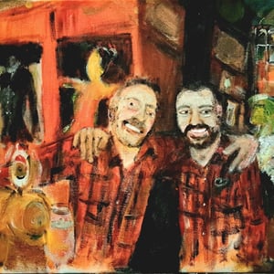 Tilfældig skjortematch hos to venner fra en aften på cafe intime på Frederiksberg, endte med at bytte skjorte med den ene, 30x40 akryl på maleriplade – produktbillede