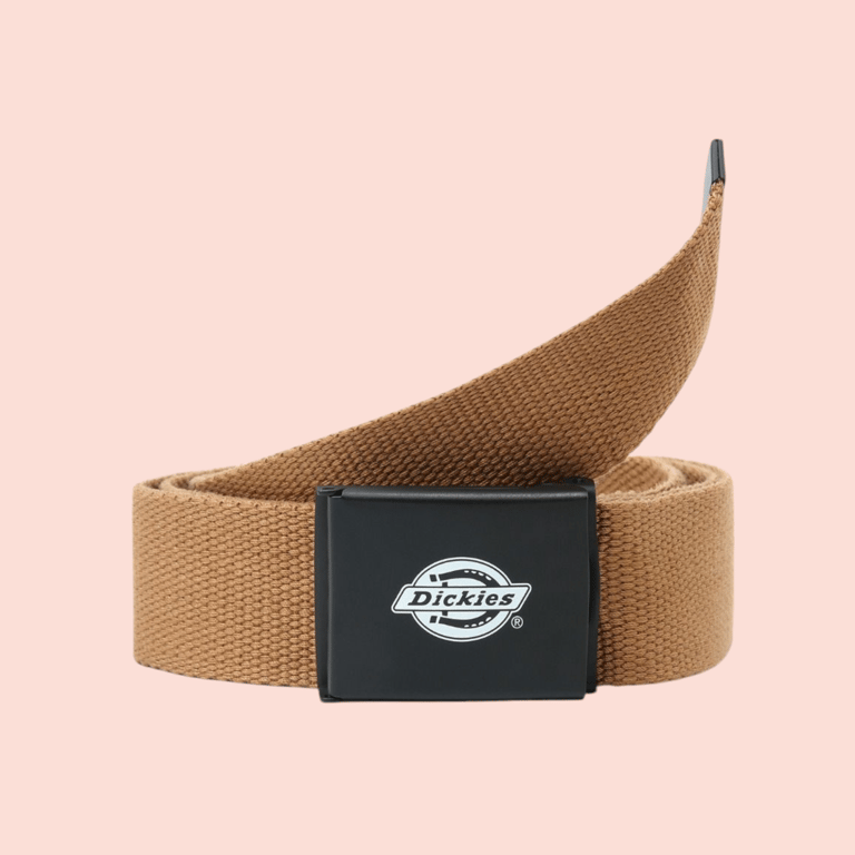 Brunt tekstilbælte med sort spænde og hvidt Dickies-logo på spænde set mod lys rosa baggrund.