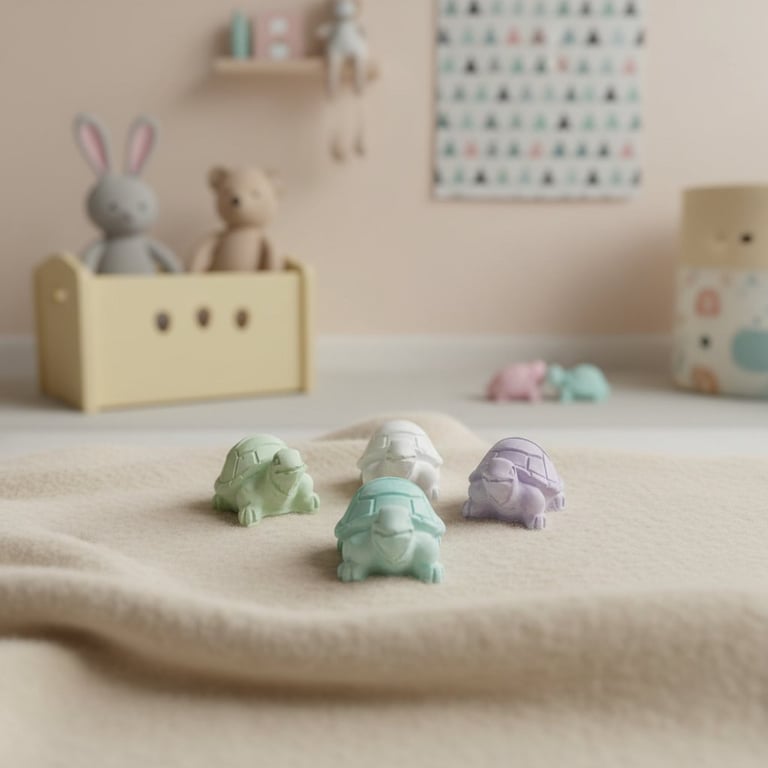 Billede af fire små farvede skildpaddefigurer i pastelfarver på en beige stofflade med bløde bamser og legetøj i baggrunden i et børneværelse.