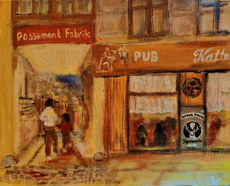 Kattens bodega, 21x30 akryl maleri, fra gammelt foto og med nye farver