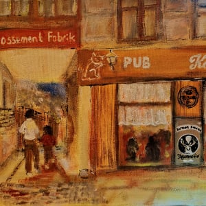 Kattens bodega, 21x30 akryl maleri, fra gammelt foto og med nye farver – produktbillede