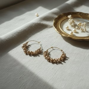 Creole med gyldne perler og snoet kbbertråd. – produktbillede