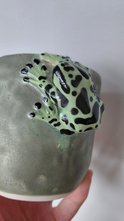 Grøn keramikkop med en detaljeret dekorativ frø i relief på koppen.