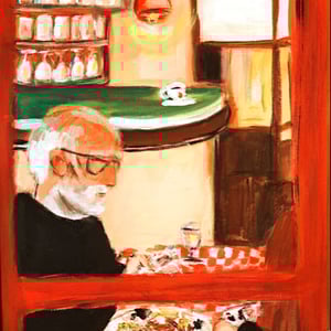 Vindues kig, Husker ikke hvilken restaurant 30x40 på malerplade   – produktbillede