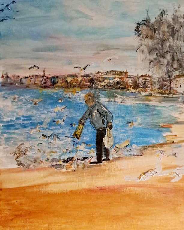 Morgenmads Måge Mand, ved søerne, akryl maleri. 40x50, 