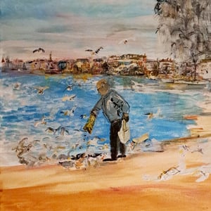 Morgenmads Måge Mand, ved søerne, akryl maleri. 40x50,  – produktbillede