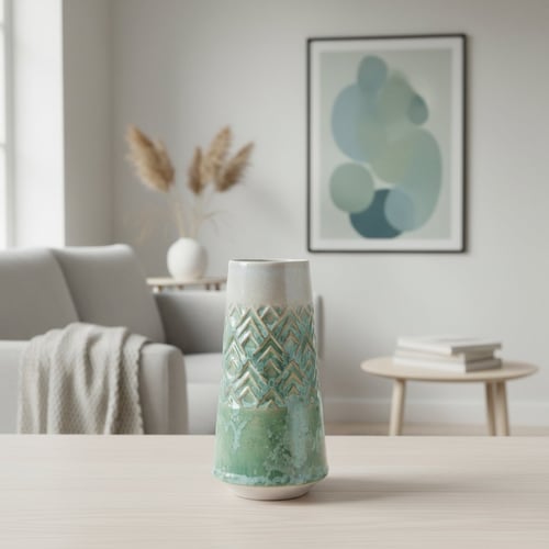 Grøn og hvid keramikvase med mønster på bord i moderne stue med grå sofa, plaid, dekorativt billede og tørrede planter. (1)