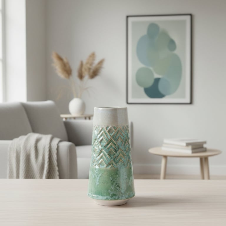 Grøn og hvid keramikvase med mønster på bord i moderne stue med grå sofa, plaid, dekorativt billede og tørrede planter.