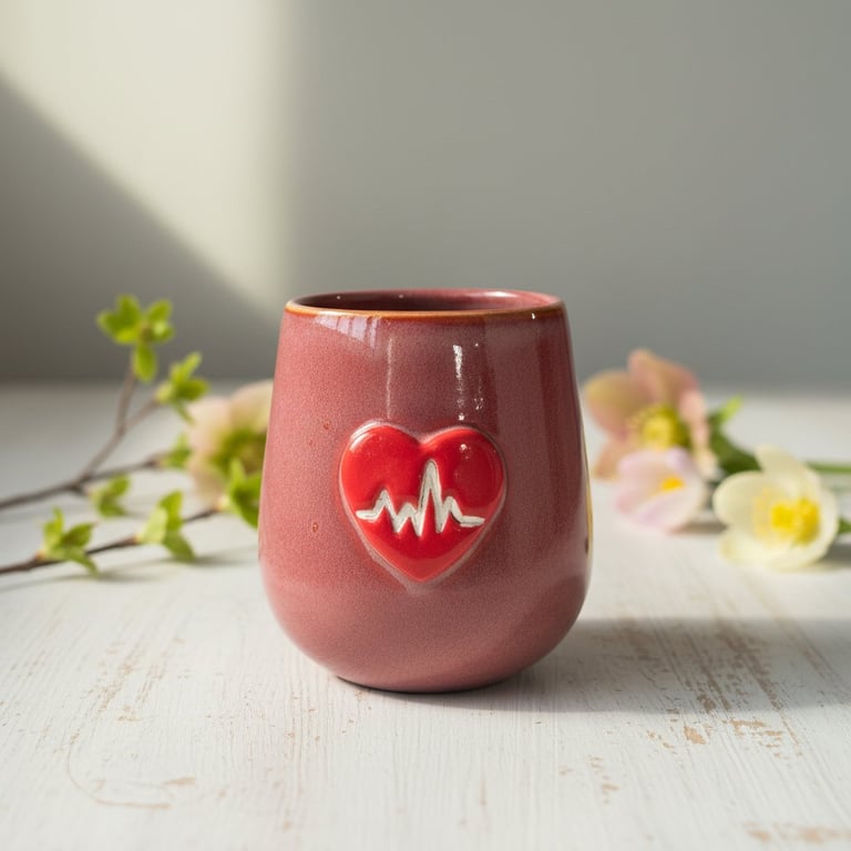 Rød keramisk kop med hjerte og pulslinje i relief, placeret på et lyst bord med blomster i baggrunden.
