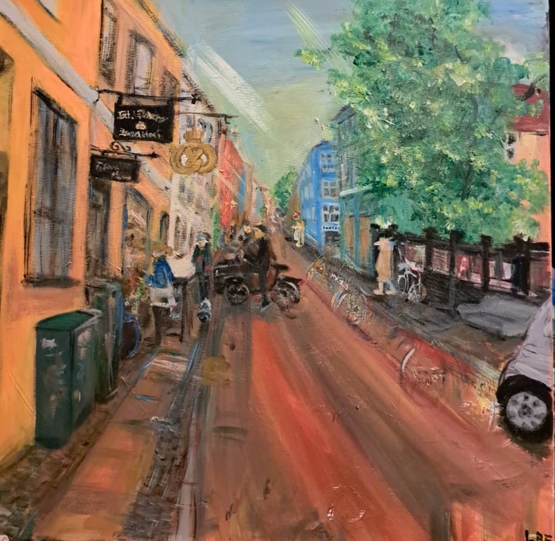 Det bager i strædet, akryl maleri, 50x50