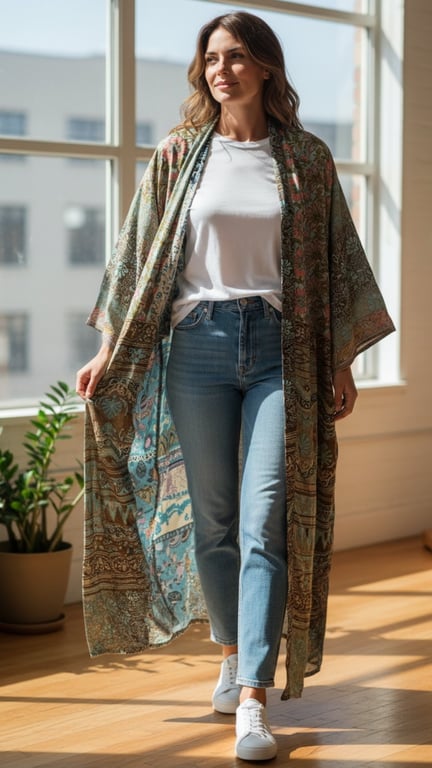 Kvinde iført hvid t-shirt, lyseblå jeans og mønstret kimono, gående i solbeskinnet rum med store vinduer.