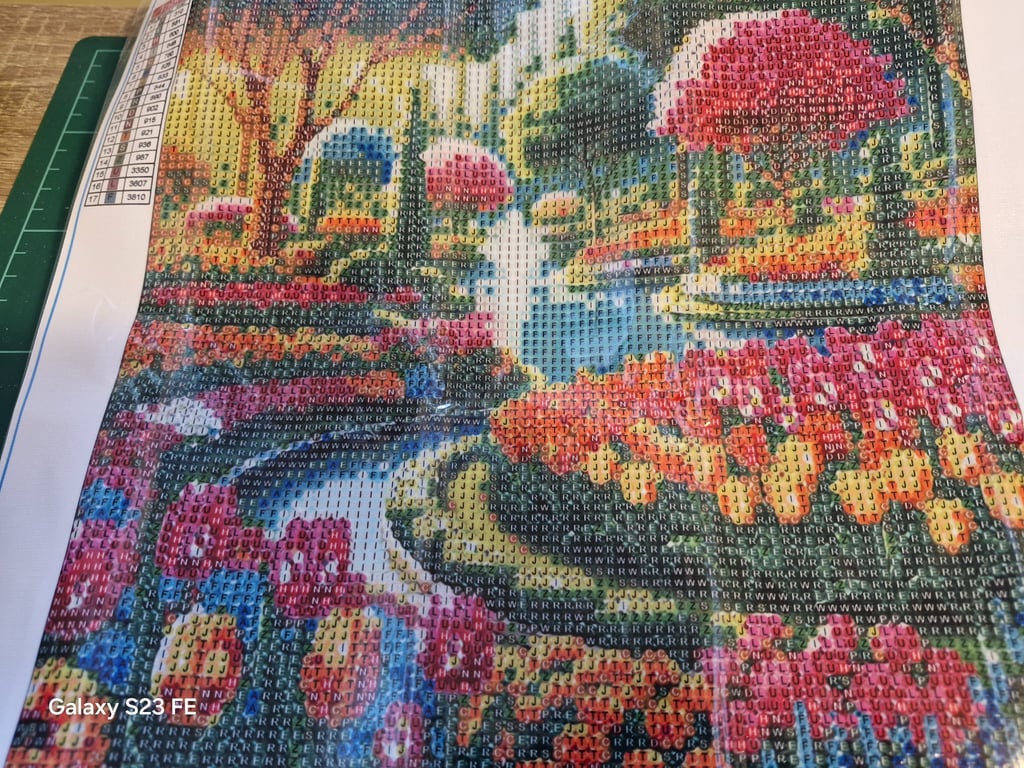 Broderimønster med farverige blomster og træer, hvor hvert punkt er markeret med bogstaver og tal for farvekoder.