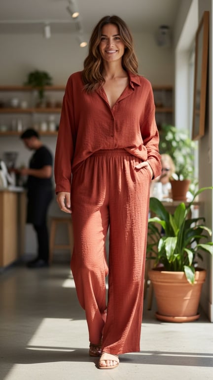 Kvinde iklædt rustfarvet, loose fit skjorte og bukser, smilende og gående i lyst rum med planter og personer i baggrunden.