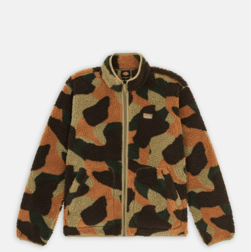 Fleecejakke med camouflageprint i brune, grønne og beige nuancer, med lynlås og stående krave. (1)