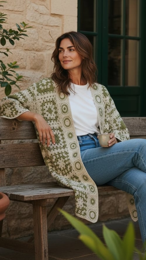 Anne-lie knit/hæklet cardigan, Creme/Lime. Onesize 38-48.  (2)