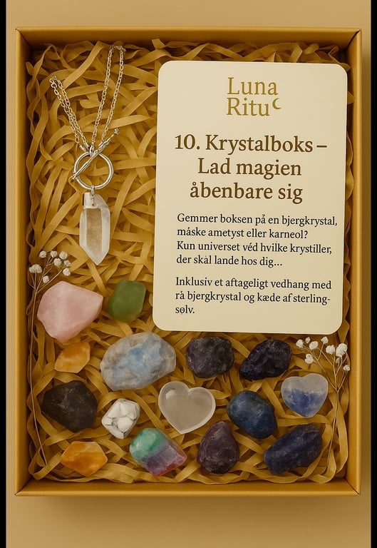 Æske med forskellige krystaller, et anheng med rå bjergkrystal på sølvkæde og kort med dansk tekst om en krystalboks. (3)