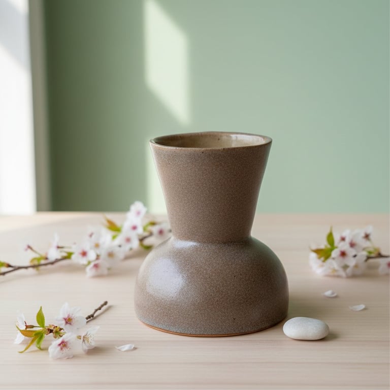 En brun, keramikvase på et lyst bord omgivet af små grene med hvide blomster og en hvid sten.