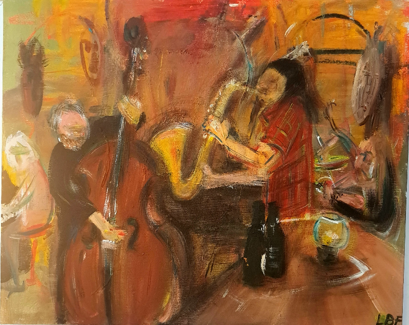 Jazz på Ghalathea, akryl på gammelt maleri, 50x40