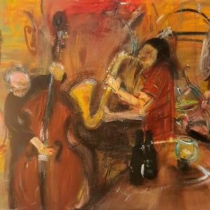 Jazz på Ghalathea, akryl på gammelt maleri, 50x40 – produktbillede