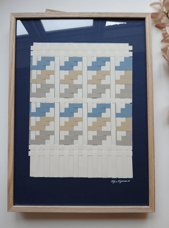 A3 papirværk, beige, grå, blå, indrammet 