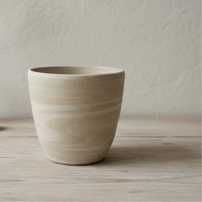 Et enkelt, beige keramikkrus med bløde, naturlige farvestrygninger placeret på et lyst træbord mod en neutral væg.