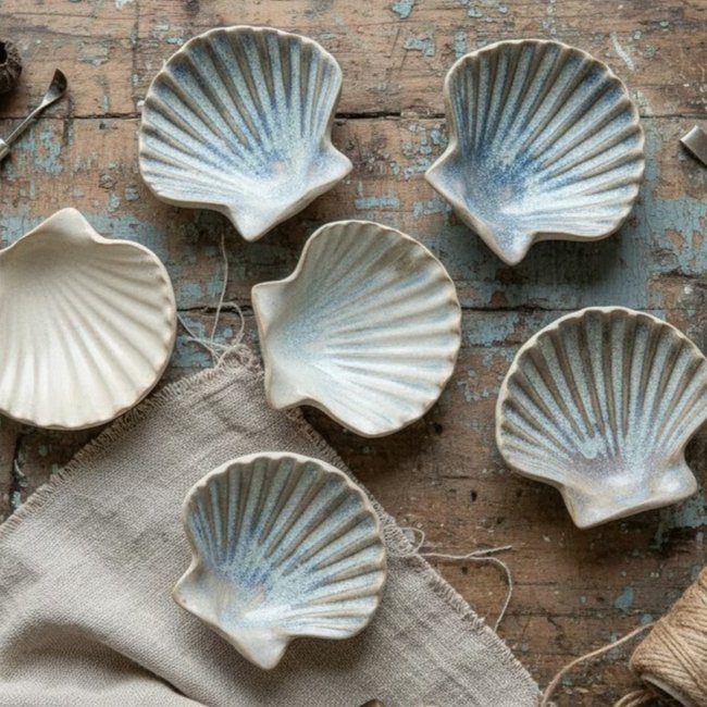 Keramiske skåle formet som muslingeskaller, arrangeret på et rustikt træbord med et stykke groft stof under nogle af dem.