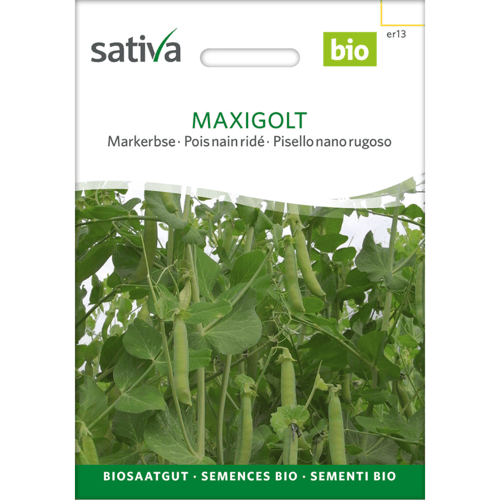 Frøpakke med økologiske markerærter af typen Maxigolt fra mærket Sativa, med billede af grønne ærteplanter med ærte bælge. (1)