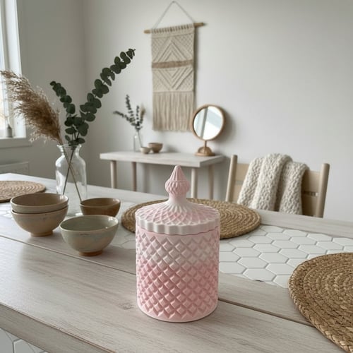 Lyserød mønstret krukke med låg på lyst træbord i minimalistisk spiseområde med keramikskåle, flettede bordskånere, tørret græs i glasvase og vægdekoration i makramé. (1)