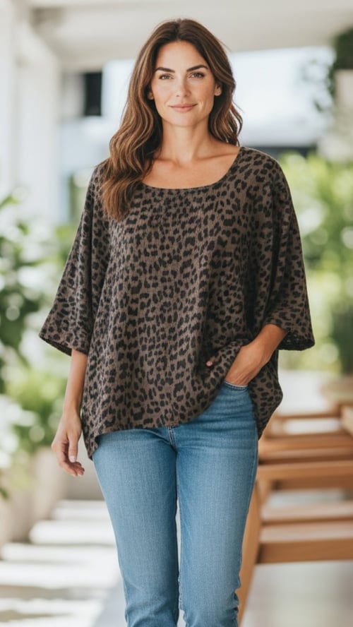 Kvinde iført leopardmønstret, løs bluse og lyseblå jeans stående i lys, moderne indendørs omgivelser. (1)