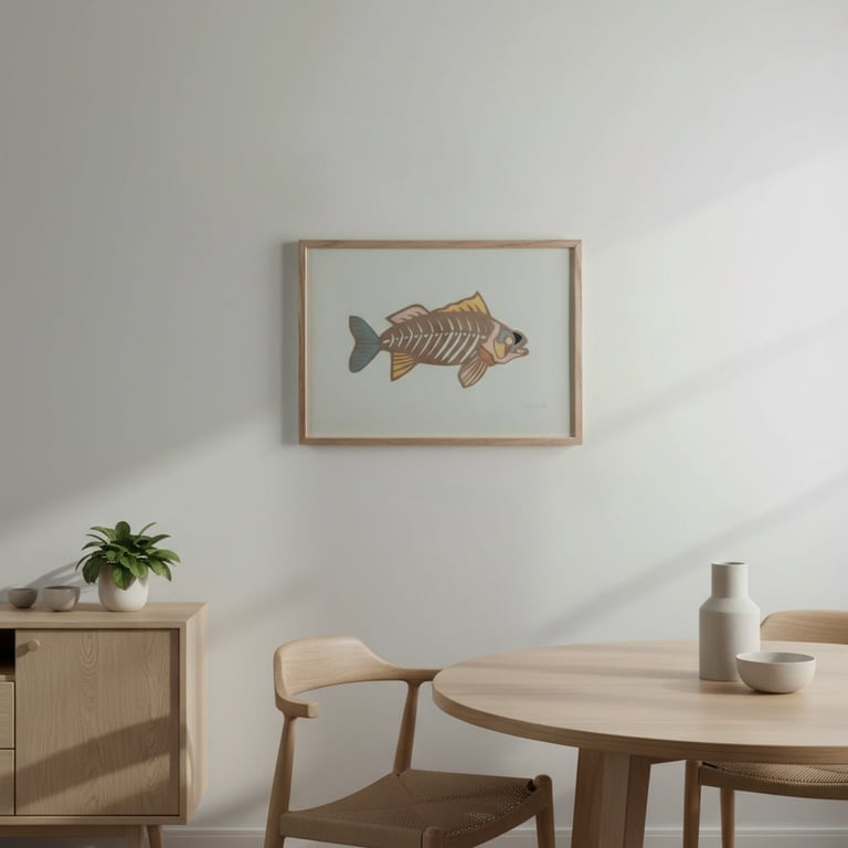 Et minimalistisk spisestueinteriør med et rundt bord i lyst træ, to stole, en hvid væg med en indrammet illustration af en fisk og et lys træskab med en grøn plante og små skåle.