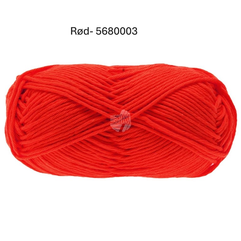 Rødt garnnøgle med farvekode Rød-5680003 på hvid baggrund. (3)