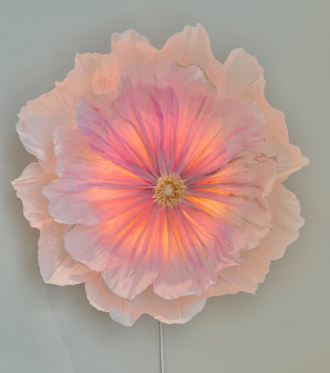 Tændt væglampe formet som en stor, sart lyserød blomst med transparente kronblade, der spreder varmt lys.
