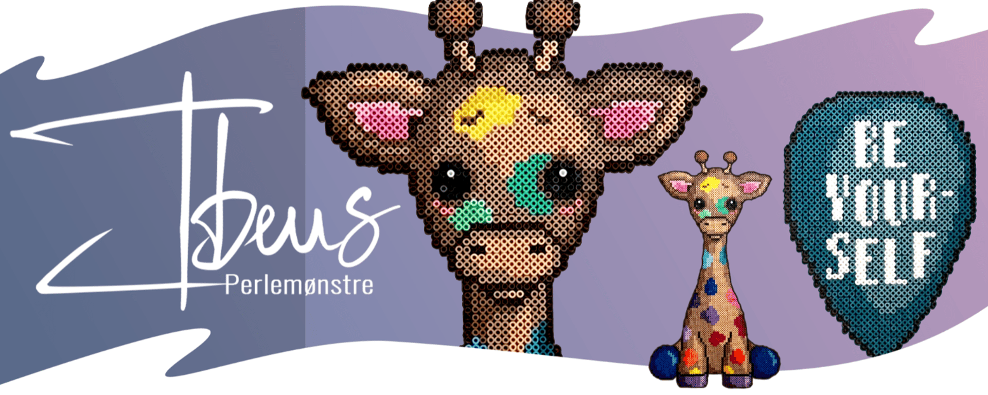 En illustration af en giraf lavet med perler, et perleophæng formet som en taleboble med teksten "BE YOURSELF," og teksten "Perlemønstre" ved siden af.