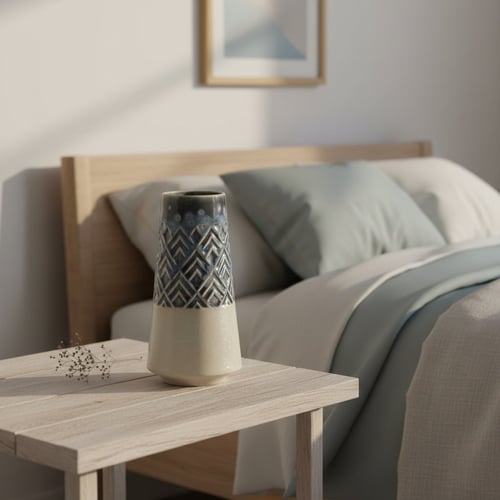 Vase med geometrisk mønster på sengebord ved seng med beige og lyseblåt sengetøj i lyst, minimalistisk soveværelse. (1)