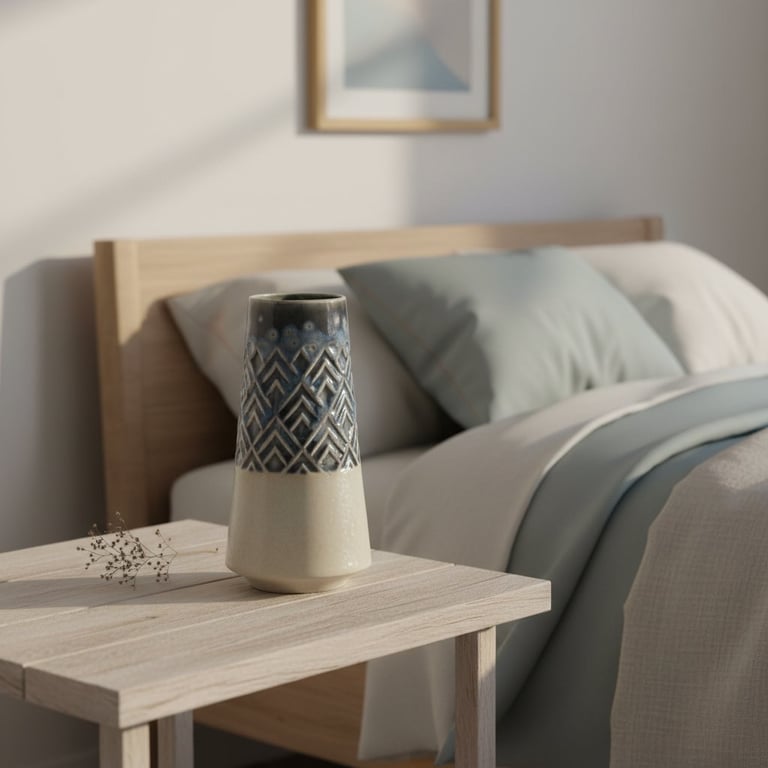 Vase med geometrisk mønster på sengebord ved seng med beige og lyseblåt sengetøj i lyst, minimalistisk soveværelse.