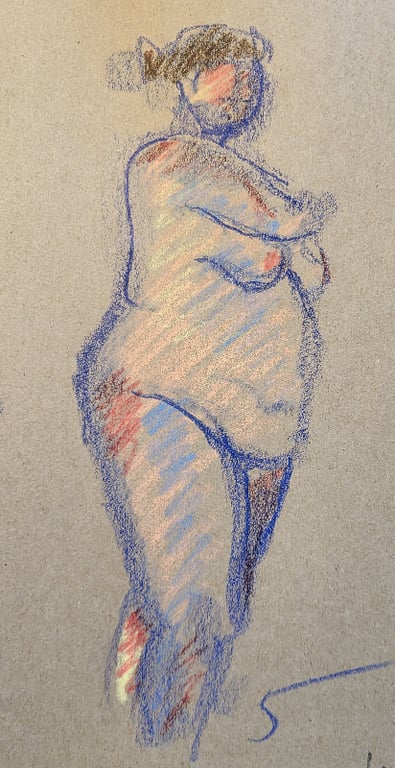 Qroquis 5 min oliekridt på gråt papir 15 x 28 cm