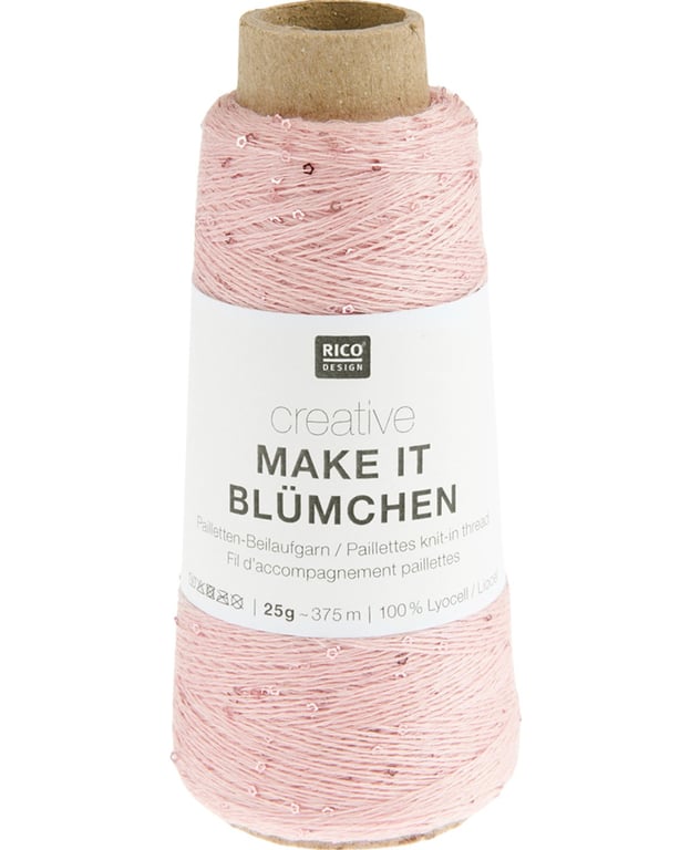 Lyserødt strikkegarn med palietter fra Rico Design, mærket "creative MAKE IT BLÜMCHEN", 25g, 375m, 100% lyocell.