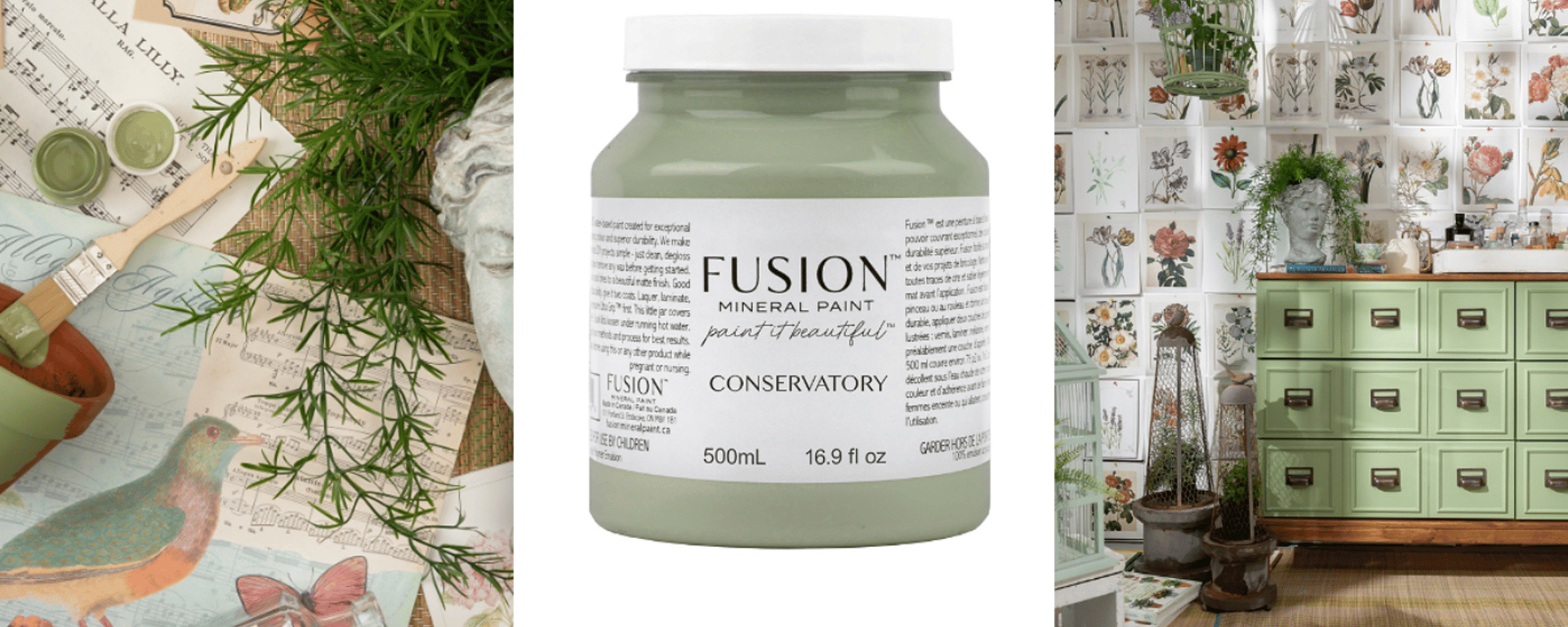 Malingskrukke med Fusion Mineral Paint i farven "Conservatory" omgivet af maleredskaber og planter, samt et værelse indrettet med grønmalet kommode og dekorative blomsterprints på væggen.